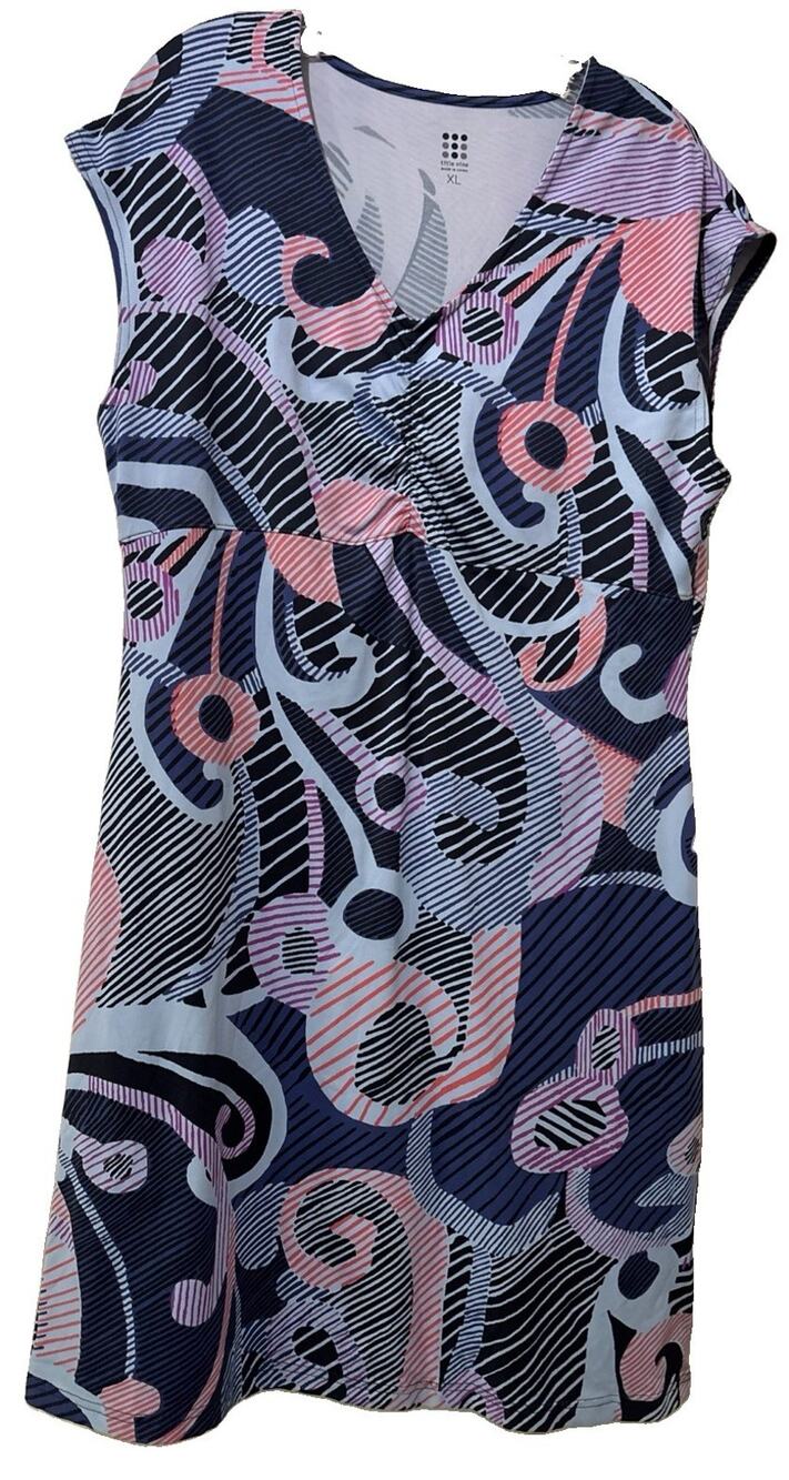 Title Nine Diamalete Dress Size XL Navy Pink Abstract V-Neck Zip Pocket Ruched